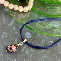 Vintage Italian Blue Oval Wedding Cake Pendant on Hand Dyed Silk in Sterling Silver