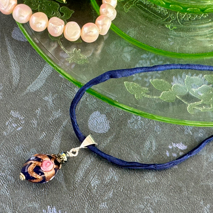 Vintage Italian Blue Oval Wedding Cake Pendant on Hand Dyed Silk in Sterling Silver