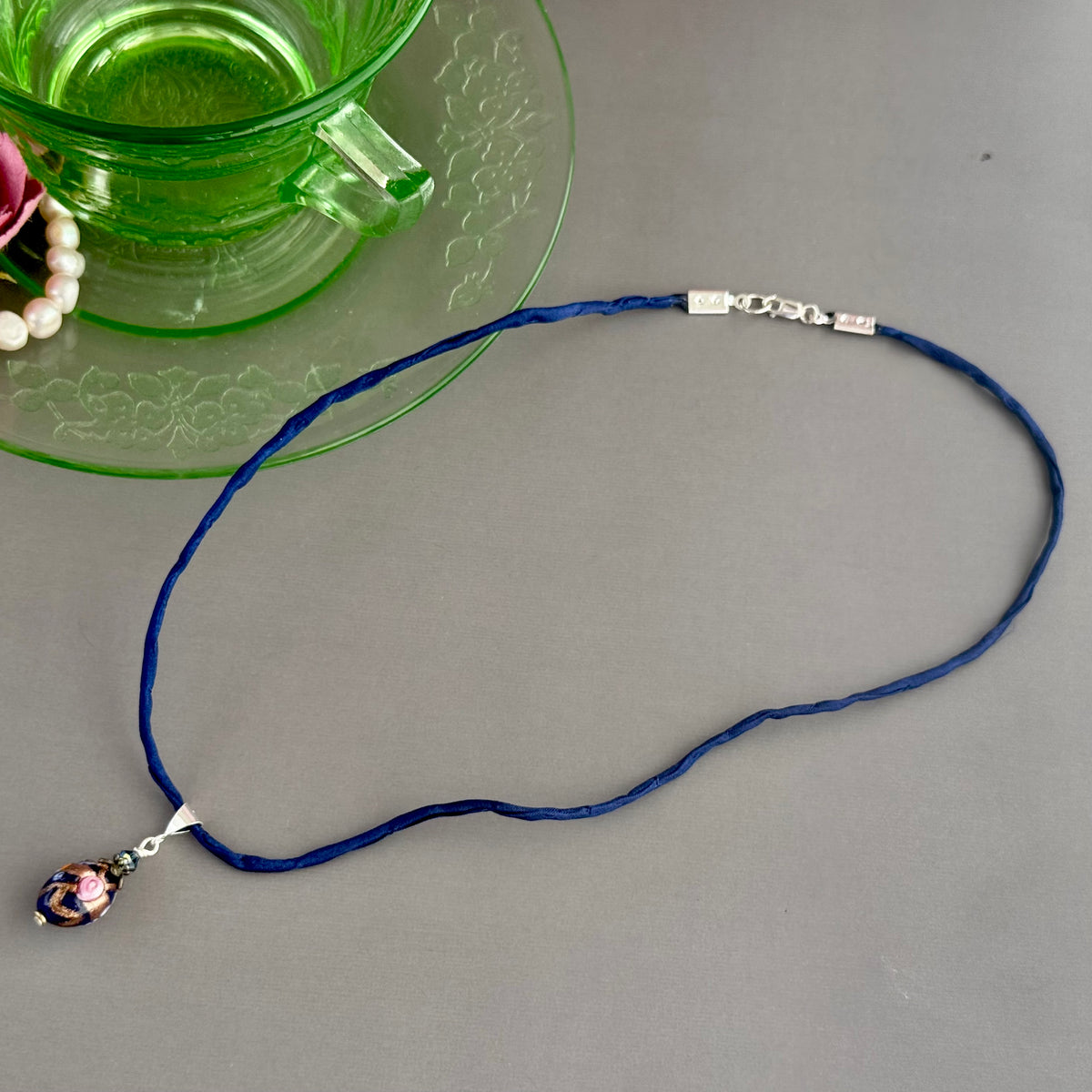 Vintage Italian Blue Oval Wedding Cake Pendant on Hand Dyed Silk in Sterling Silver