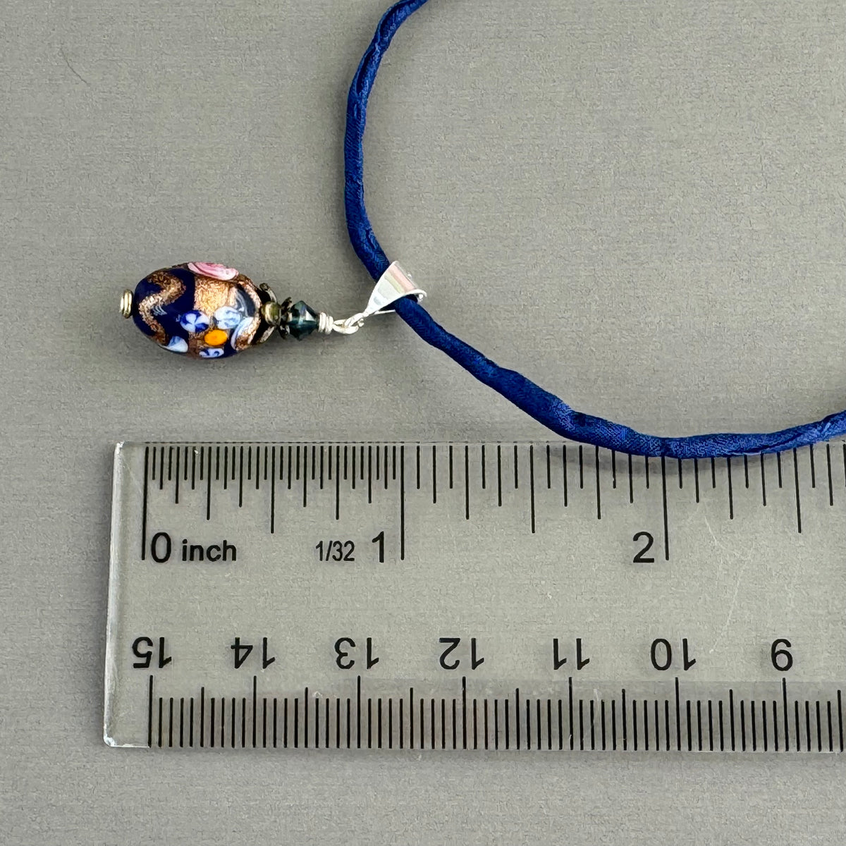 Vintage Italian Blue Oval Wedding Cake Pendant on Hand Dyed Silk in Sterling Silver