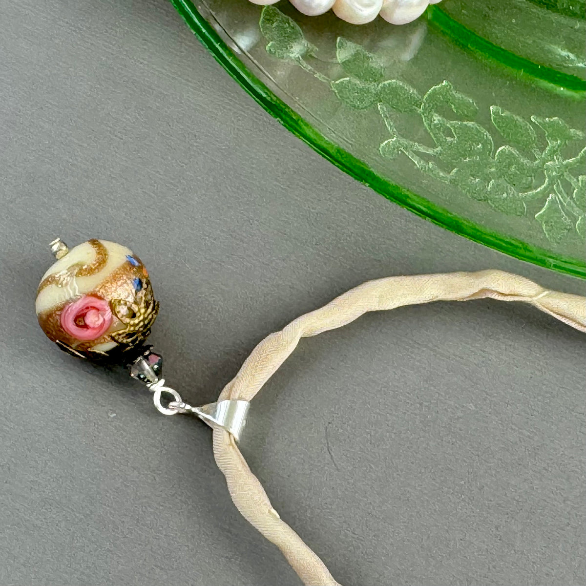 Vintage Italian Round Cream Wedding Cake Pendant on Hand Dyed Silk in Sterling Silver