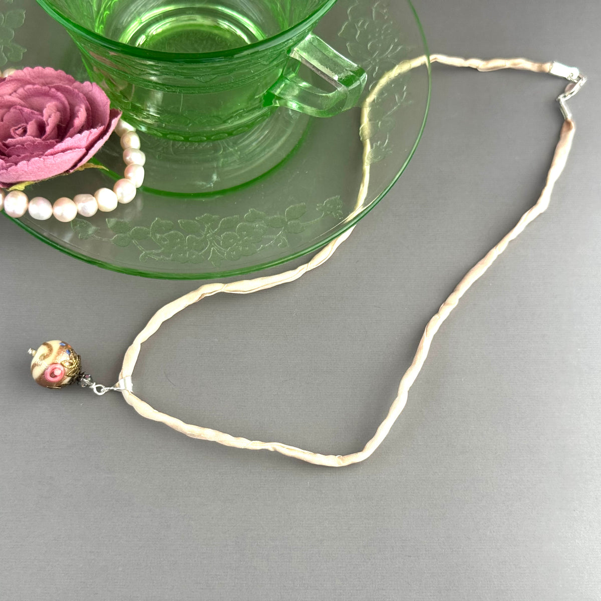 Vintage Italian Round Cream Wedding Cake Pendant on Hand Dyed Silk in Sterling Silver