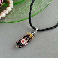 Vintage Italian Black Cylinder Wedding Cake Pendant on Hand Dyed Silk in Sterling Silver