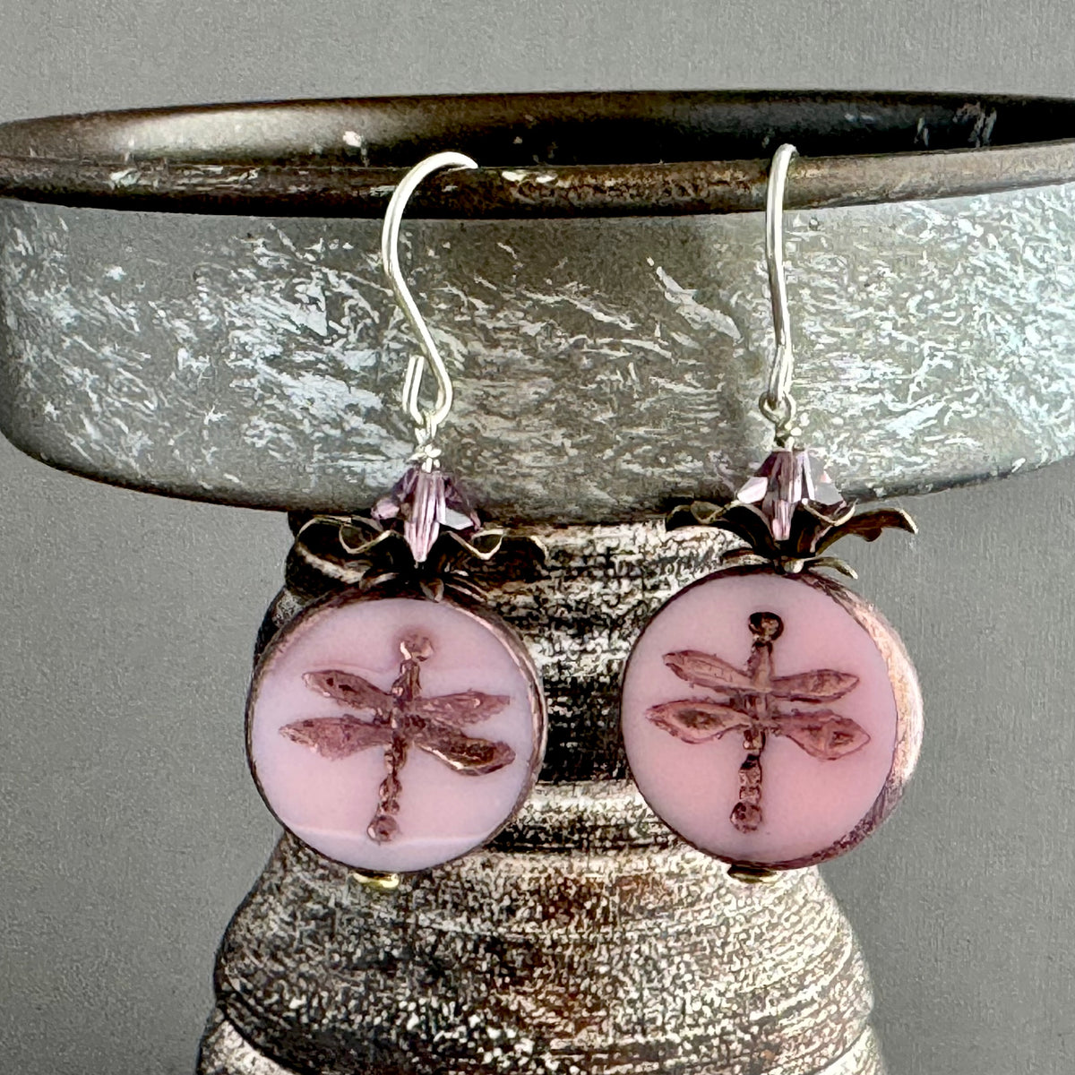 Pink Dragon Fly Coin Czech Glass Earrings in Sterling Silver