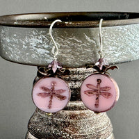 Pink Dragon Fly Coin Czech Glass Earrings in Sterling Silver