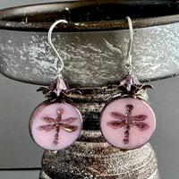 Pink Dragon Fly Coin Czech Glass Earrings in Sterling Silver