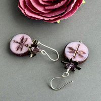 Pink Dragon Fly Coin Czech Glass Earrings in Sterling Silver