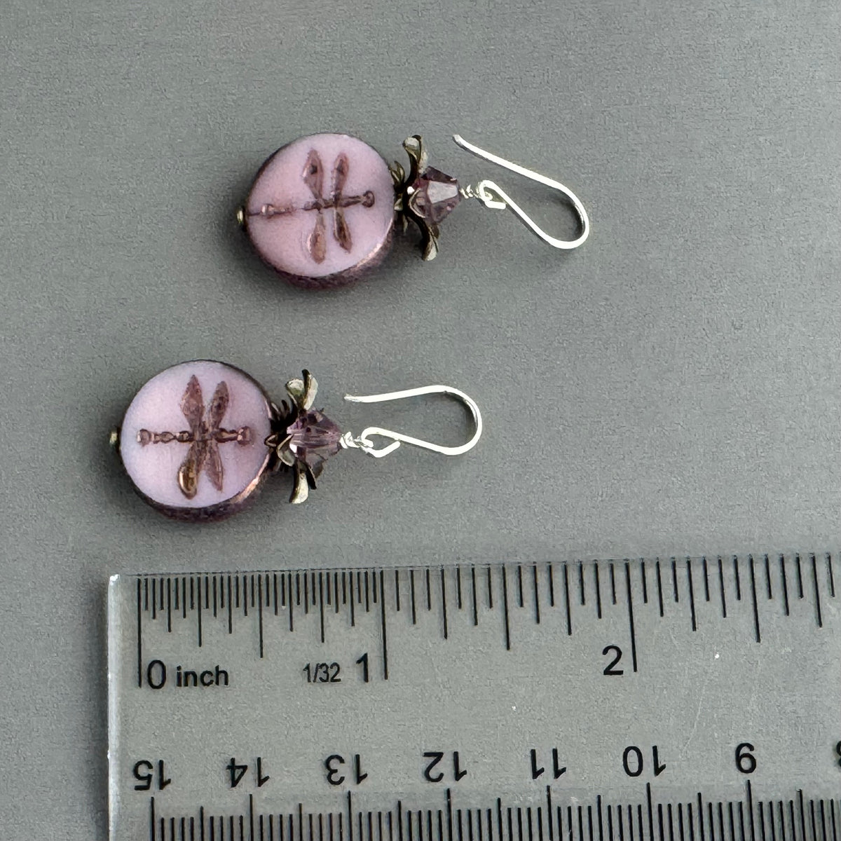 Pink Dragon Fly Coin Czech Glass Earrings in Sterling Silver