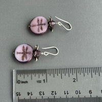 Pink Dragon Fly Coin Czech Glass Earrings in Sterling Silver