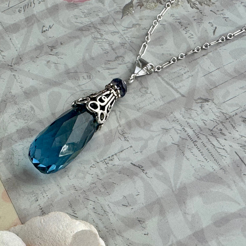 Huge Iolite Long Drop Pendant Necklace in Sterling Silver