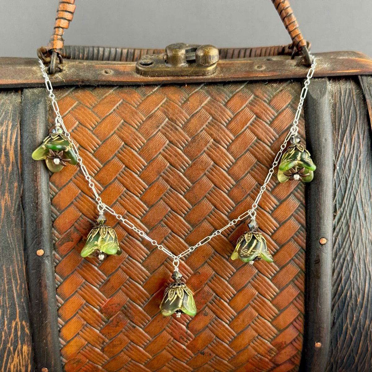 Pine Forest Czech Glass Bell Flower Necklace on Sterling Silver