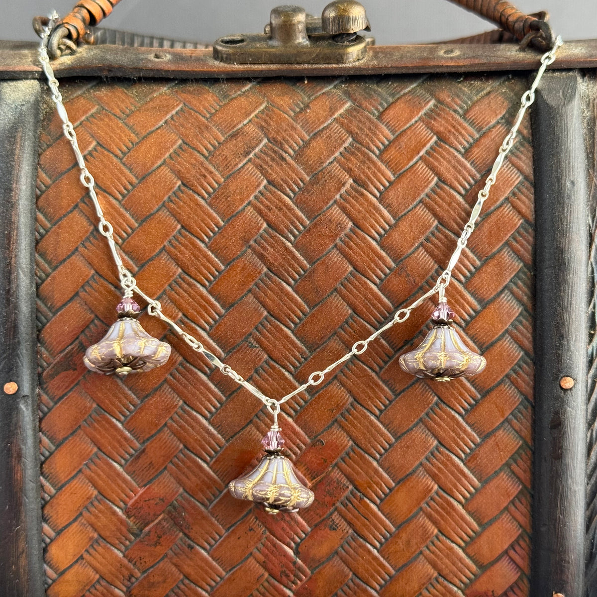 Light Mauve Czech Glass Bell Flower Necklace on Sterling Silver