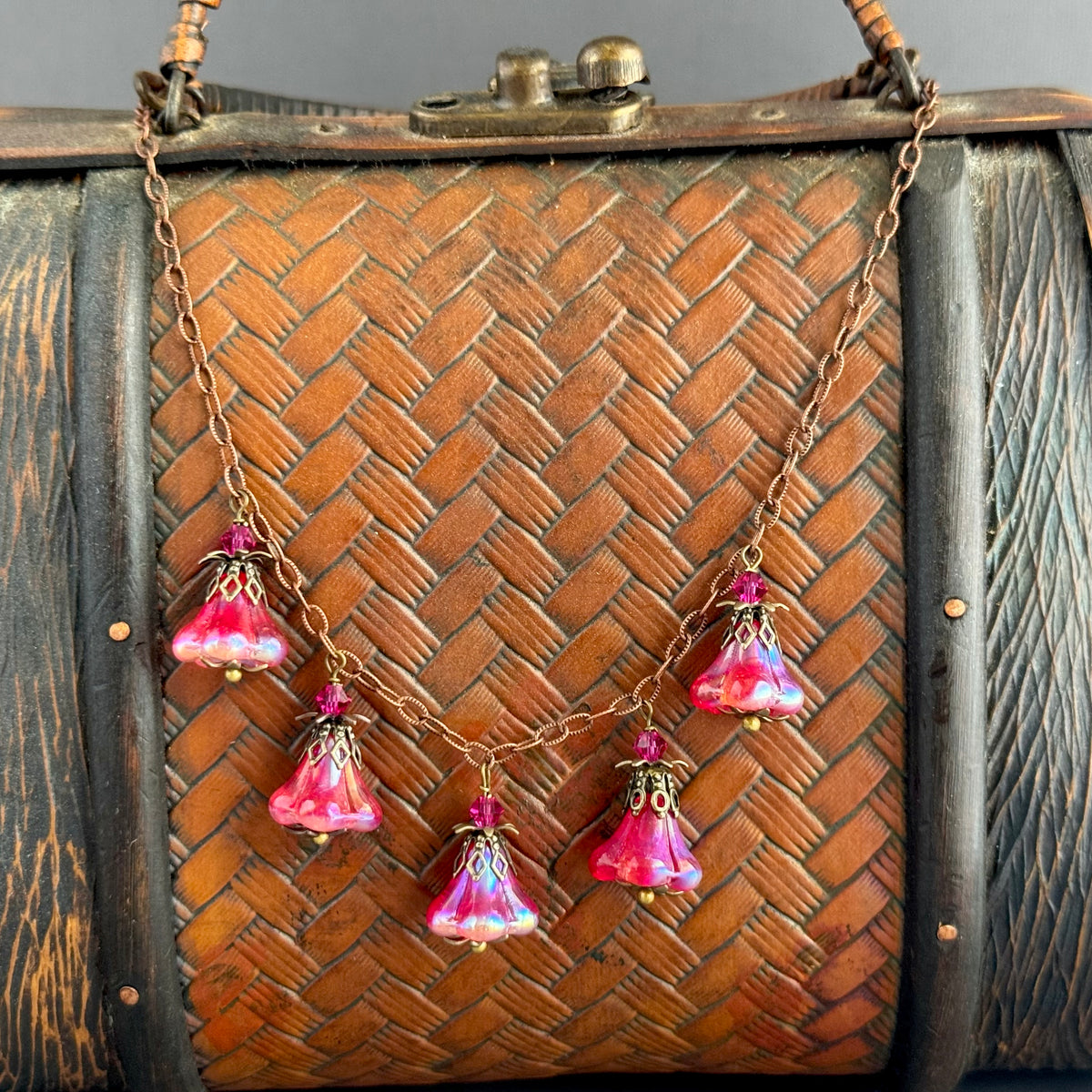 Bright Pink Czech Glass Trumpet Bead Necklace on Copper