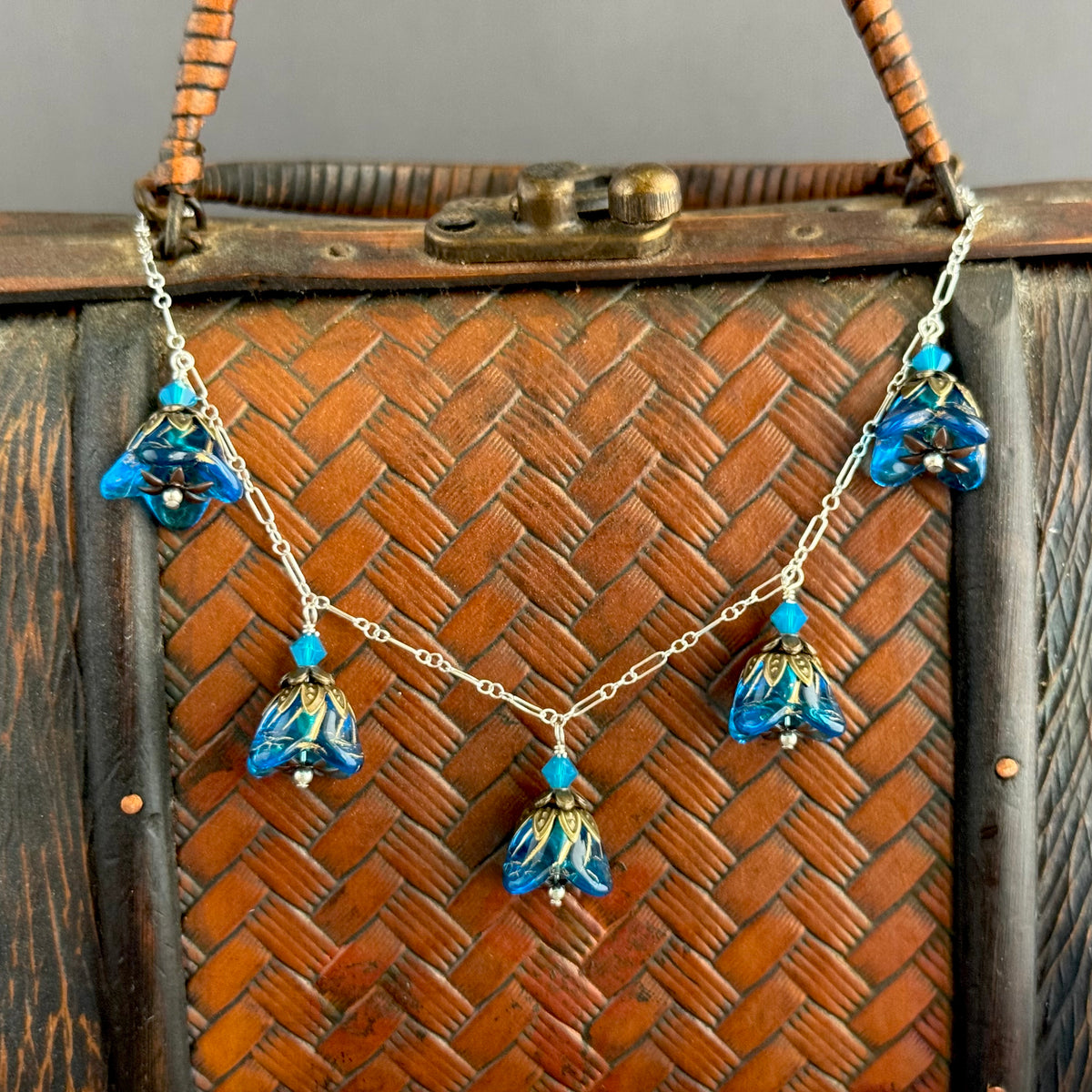 Caribbean Blue Czech Glass Bell Flower Necklace on Sterling Silver