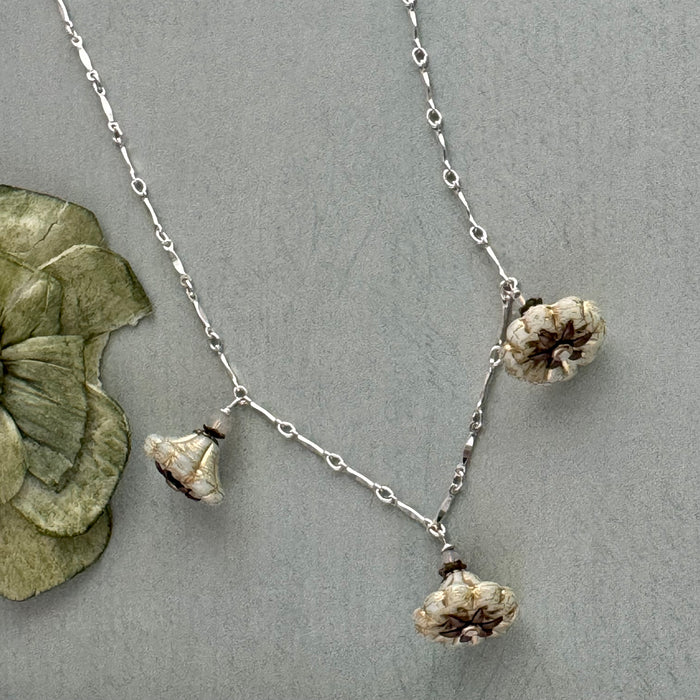Ivory Czech Glass Bell Flower Necklace on Sterling Silver