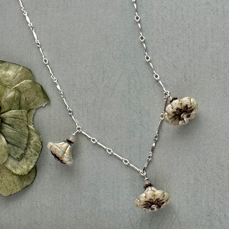 Ivory Czech Glass Bell Flower Necklace on Sterling Silver