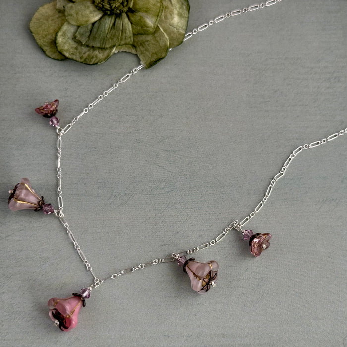 Variegated Pink Czech Glass Trumpet Bead Necklace on Sterling Silver