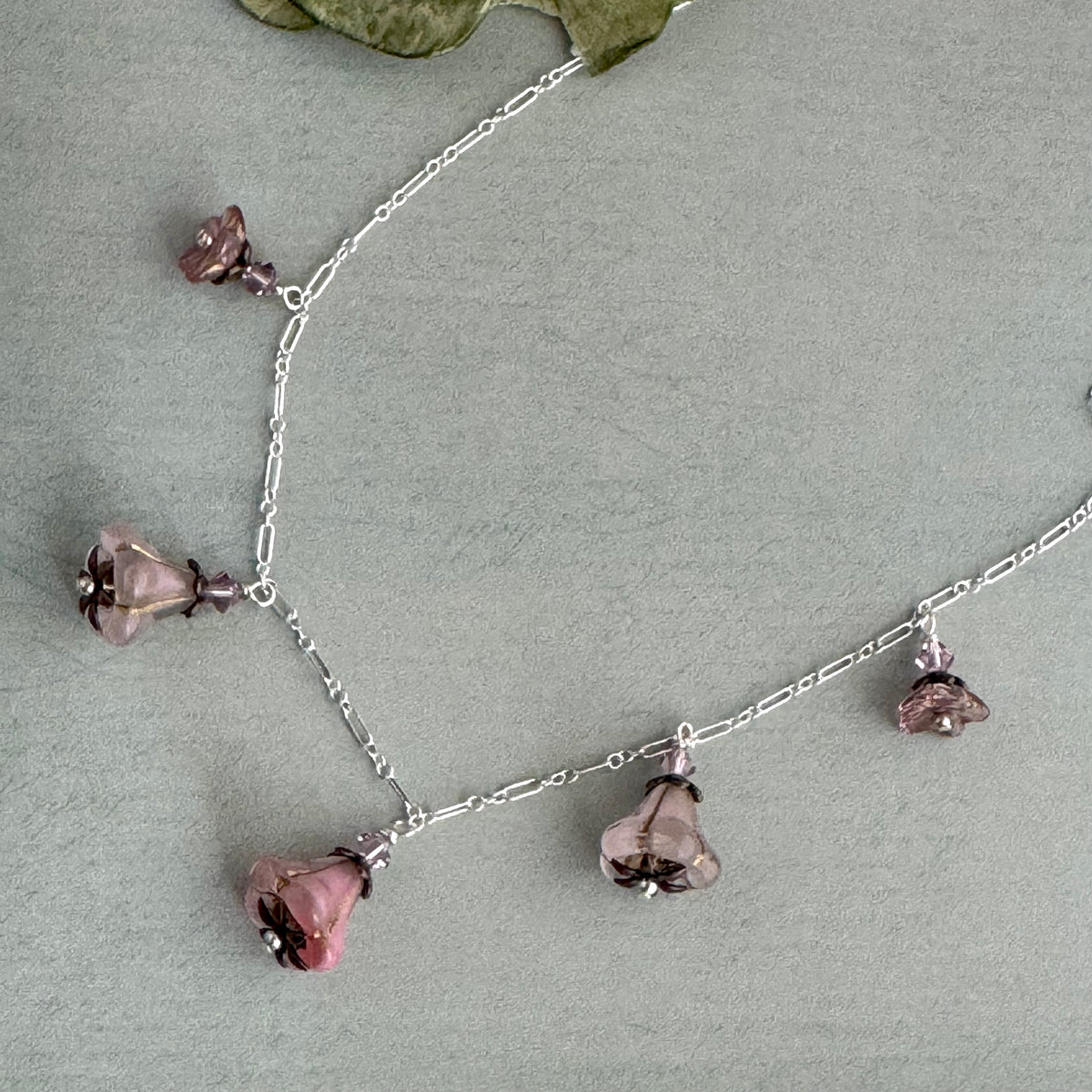 Variegated Pink Czech Glass Trumpet Bead Necklace on Sterling Silver