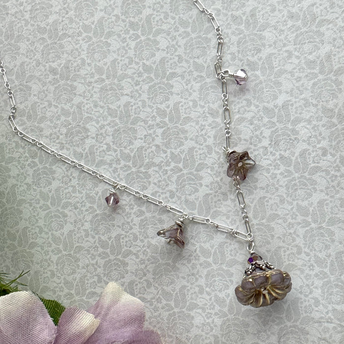 Light Mauve Czech Glass Bell Flower Necklace on Sterling Silver