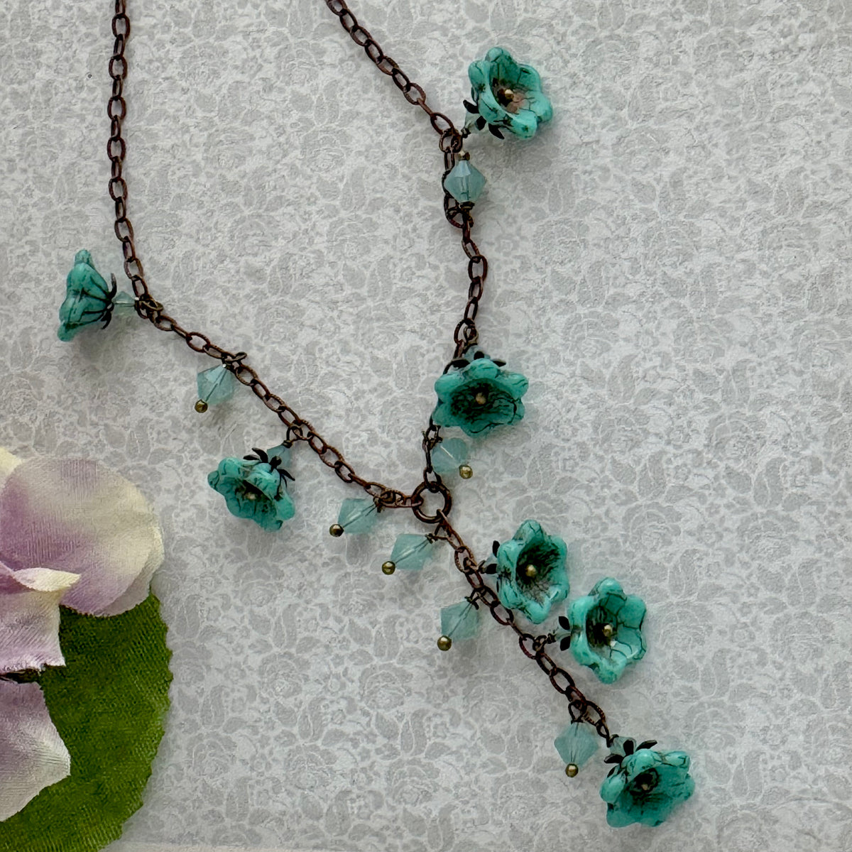 Turquoise Czech Glass Wildflower Bead Necklace on Copper