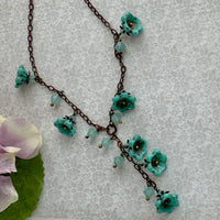 Turquoise Czech Glass Wildflower Bead Necklace on Copper