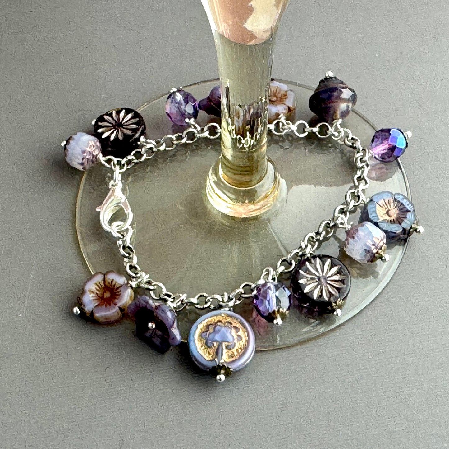 Purple Czech Glass Dangle Bracelet in Metal Alloy