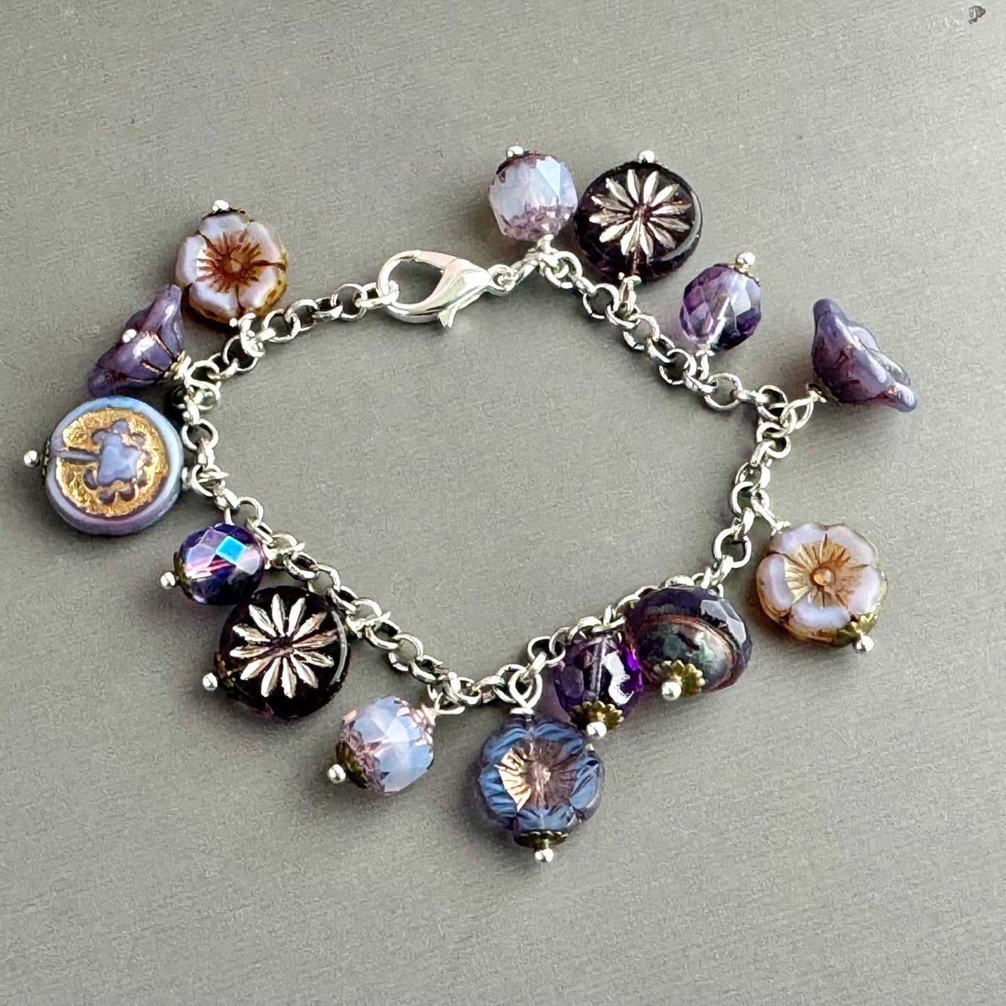 Purple Czech Glass Dangle Bracelet in Metal Alloy