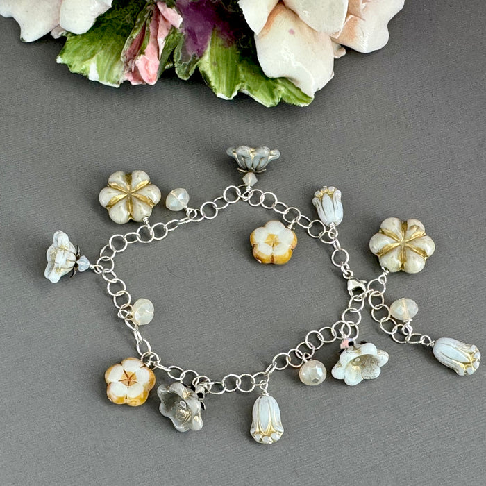 White and Gold Czech Glass Charm Bracelet in Sterling Silver