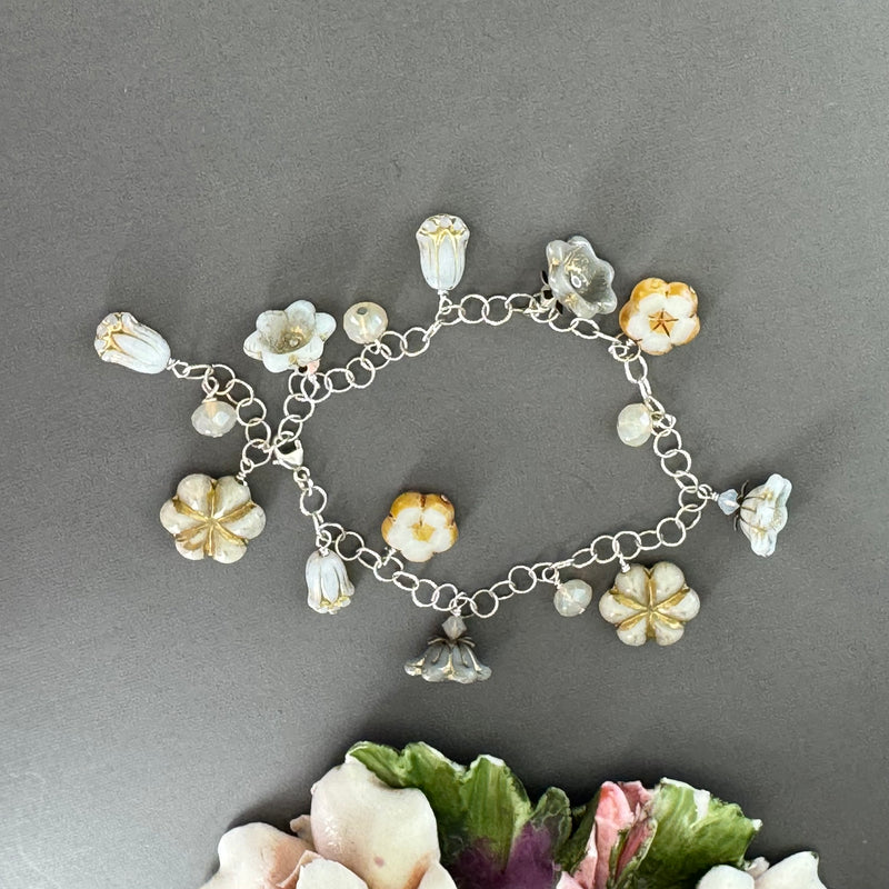 White and Gold Czech Glass Charm Bracelet in Sterling Silver