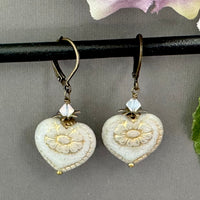 White and Gold Czech Glass Heart Earrings in Antique Brass
