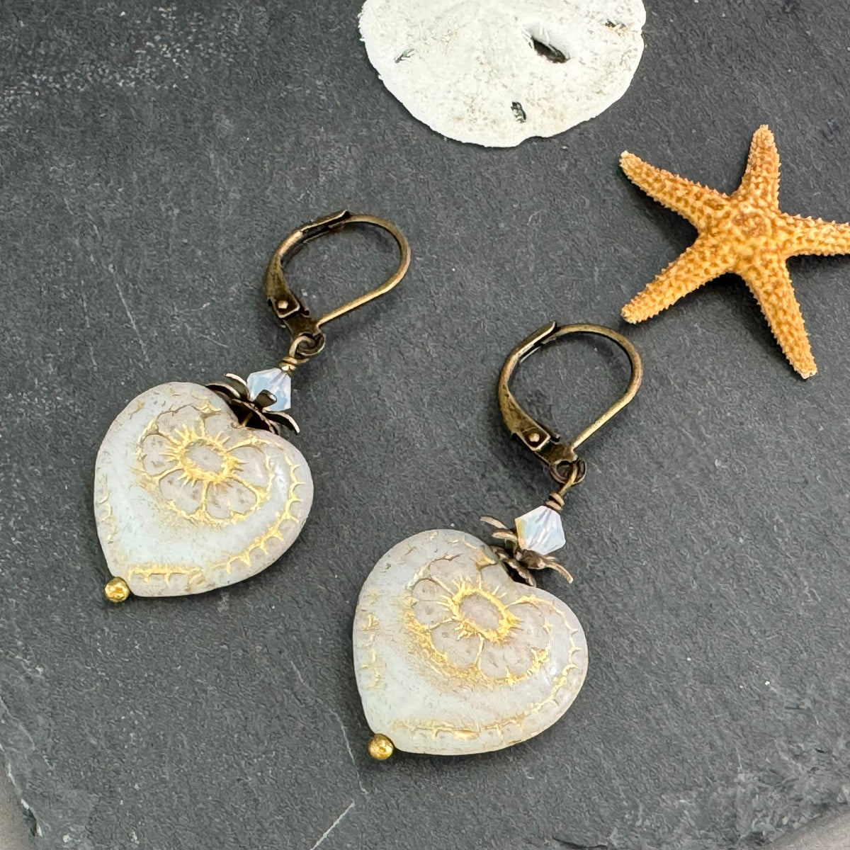 White and Gold Czech Glass Heart Earrings in Antique Brass