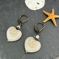 White and Gold Czech Glass Heart Earrings in Antique Brass