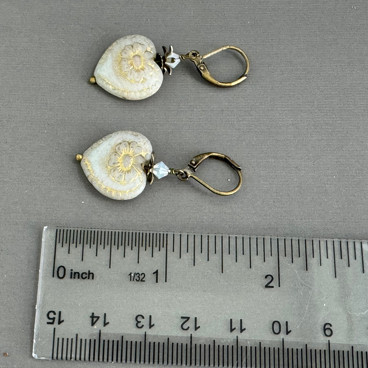 White and Gold Czech Glass Heart Earrings in Antique Brass