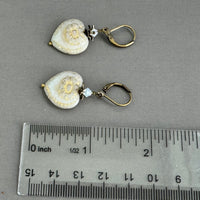 White and Gold Czech Glass Heart Earrings in Antique Brass