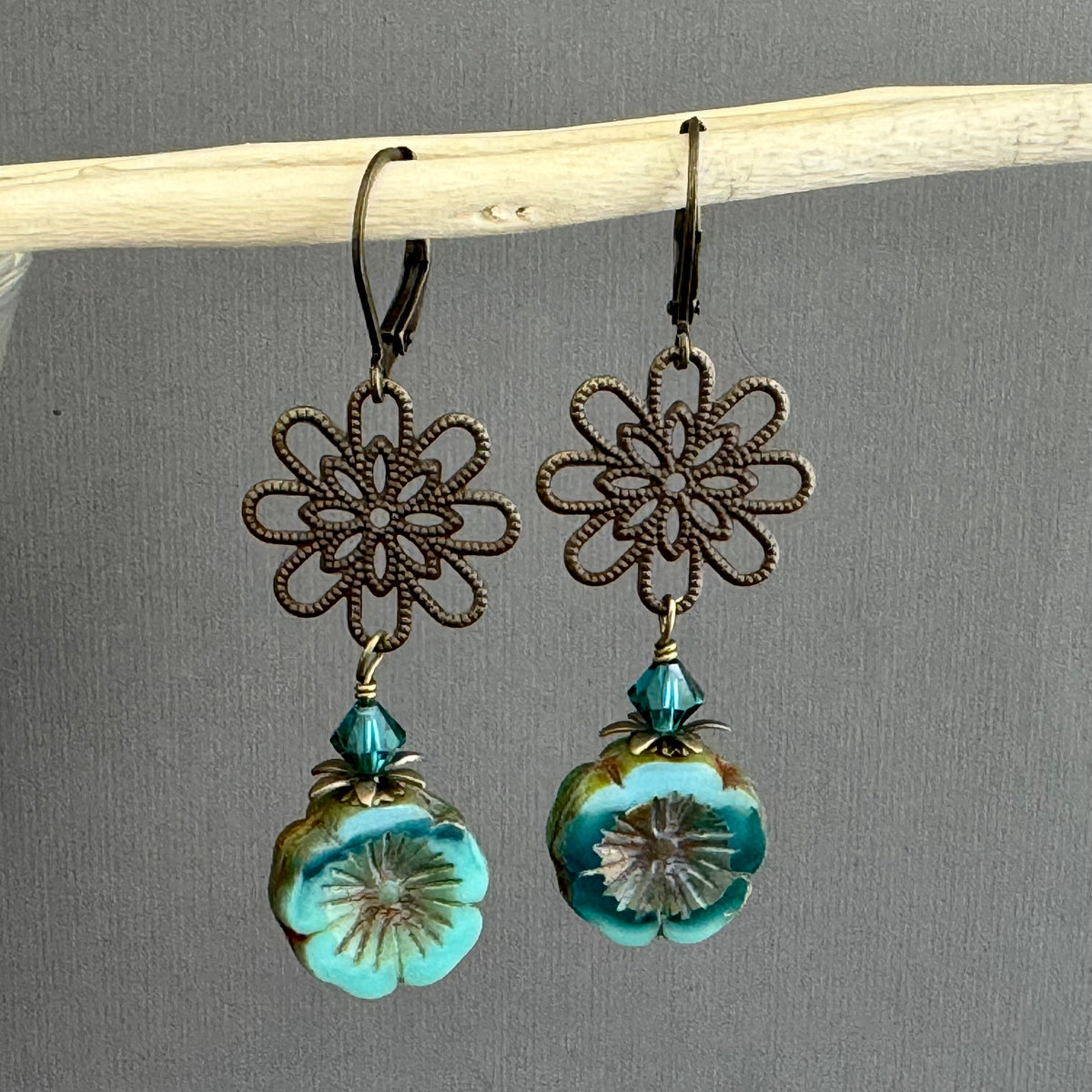 Czech Glass Blue Hibiscus Flower & Filigree Earrings in Antique Brass