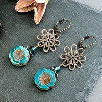 Czech Glass Blue Hibiscus Flower & Filigree Earrings in Antique Brass
