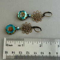 Czech Glass Blue Hibiscus Flower & Filigree Earrings in Antique Brass