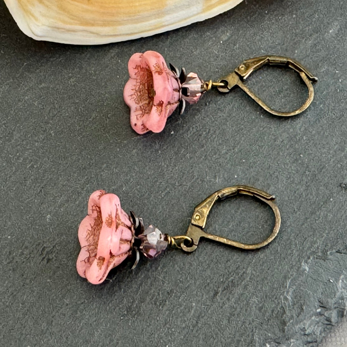 Czech Glass Pink Bell Flower Earrings in Antique Brass