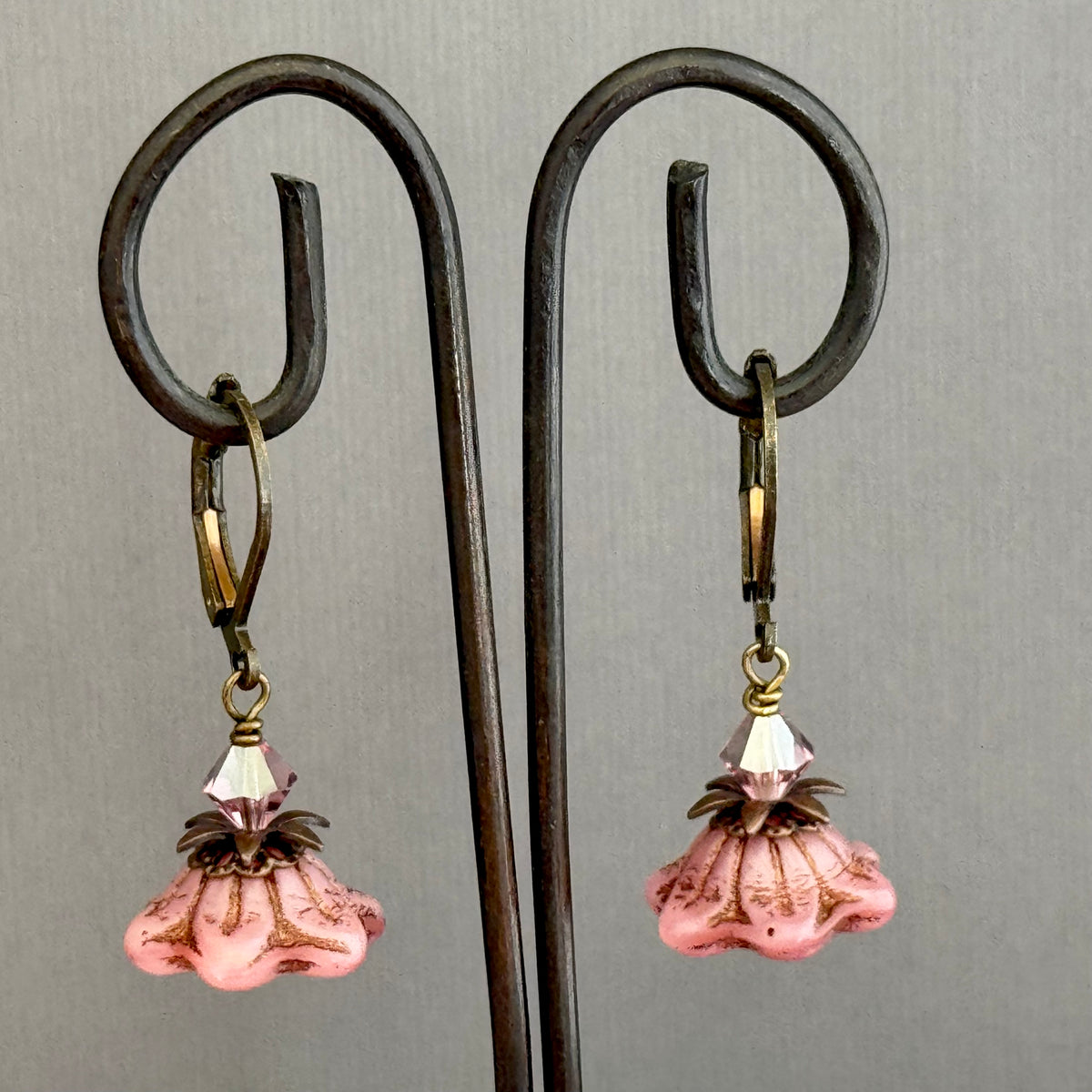 Czech Glass Pink Bell Flower Earrings in Antique Brass