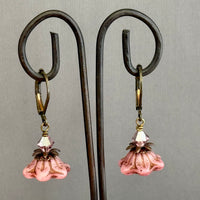 Czech Glass Pink Bell Flower Earrings in Antique Brass