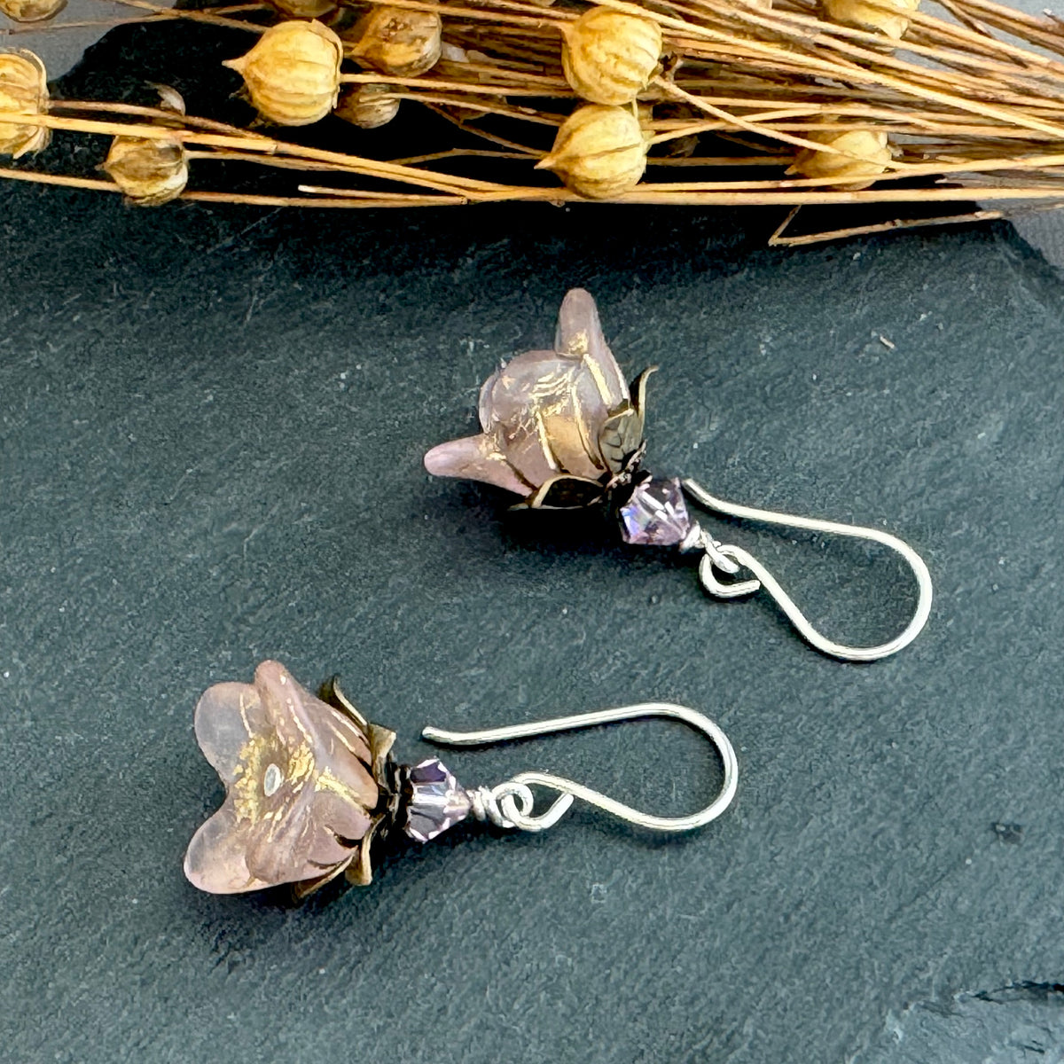 Pink Czech Glass Drops with Brass Filigree Components in Antique Brass