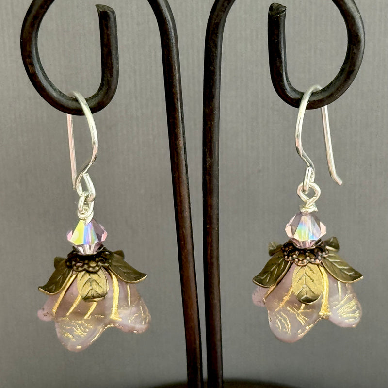 Pink Czech Glass Drops with Brass Filigree Components in Antique Brass