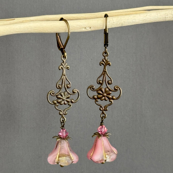 Pink Variegated Czech Glass Trumpet Earrings in Antique Brass