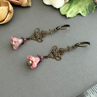 Pink Variegated Czech Glass Trumpet Earrings in Antique Brass