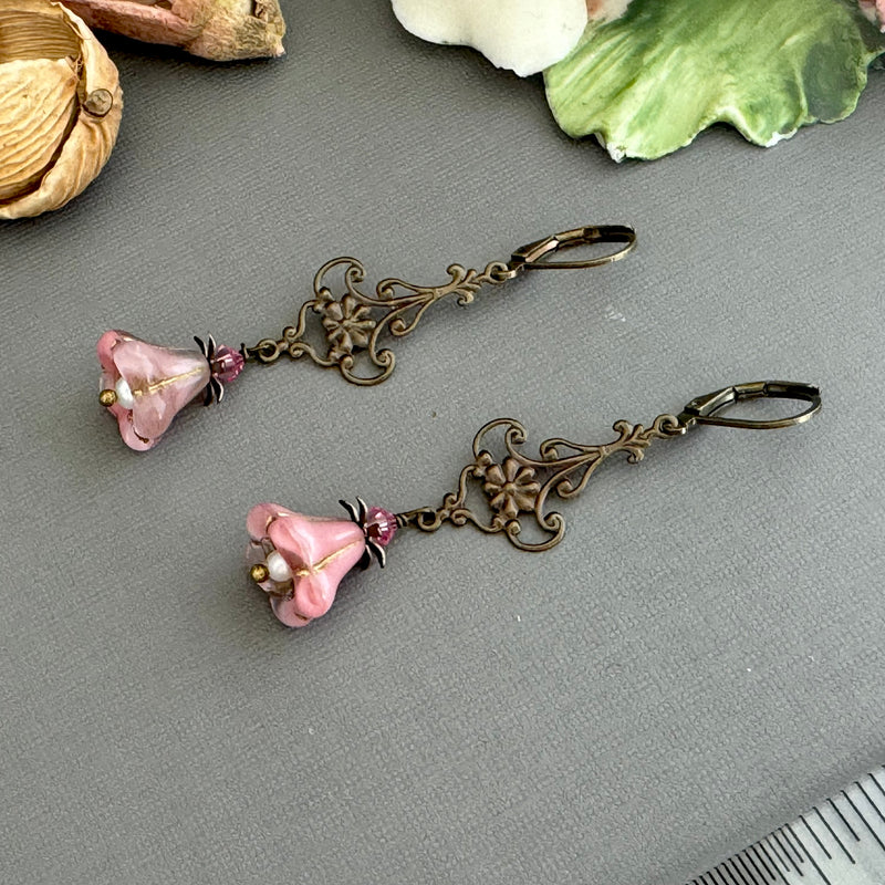 Pink Variegated Czech Glass Trumpet Earrings in Antique Brass