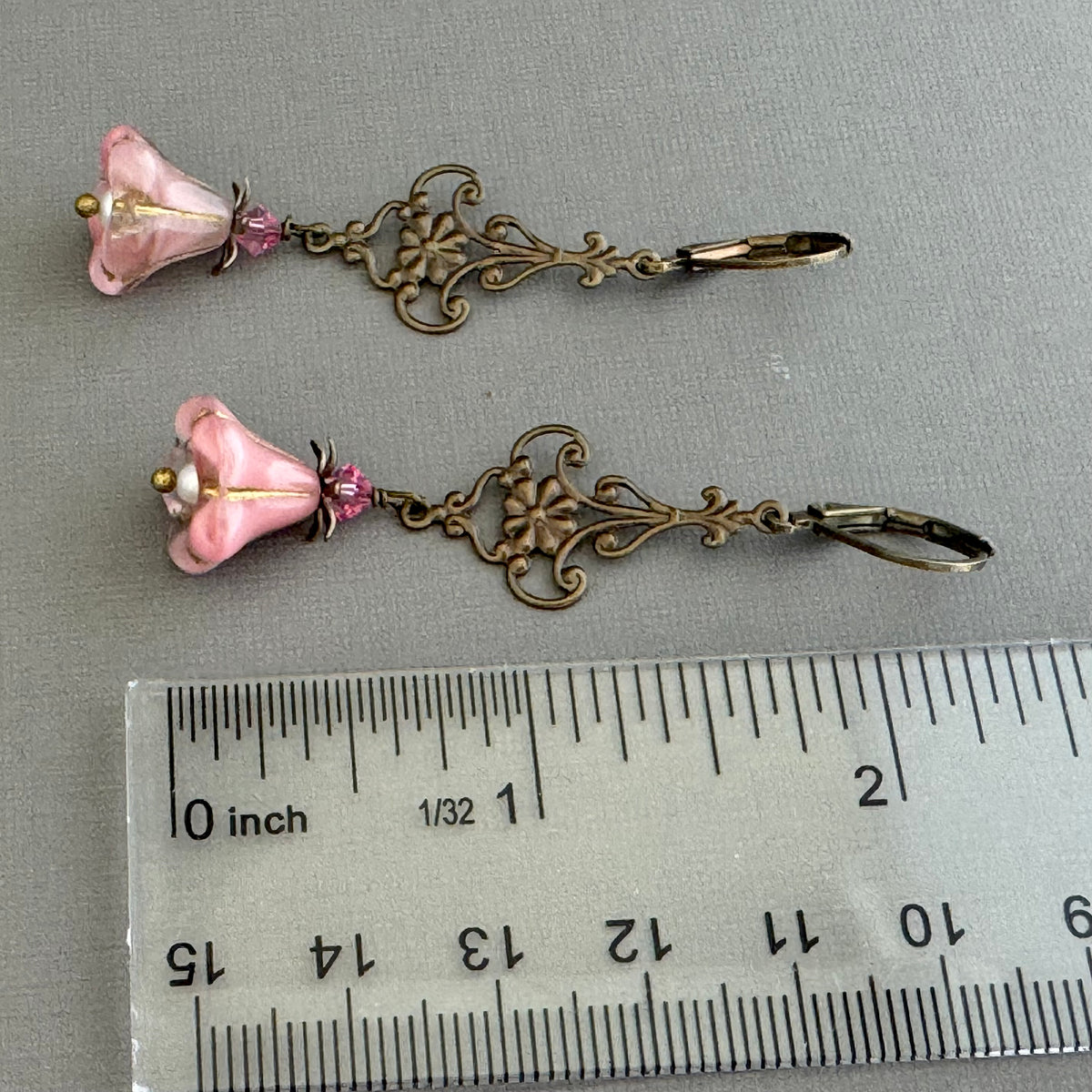 Pink Variegated Czech Glass Trumpet Earrings in Antique Brass