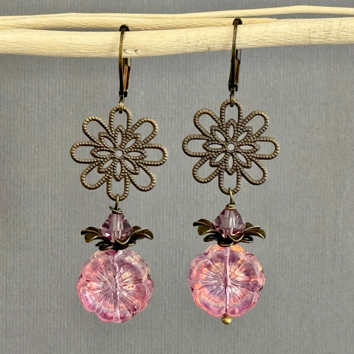 Pink Iridescent Puffy Czech Glass Hibiscus Flower Drop Earrings in Sterling Silver