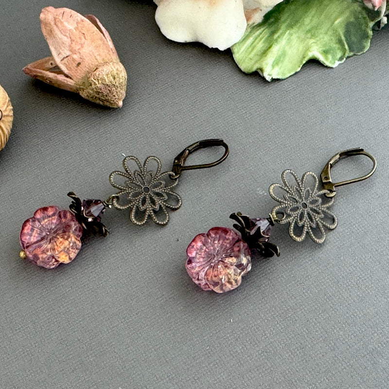 Pink Iridescent Puffy Czech Glass Hibiscus Flower Drop Earrings in Sterling Silver