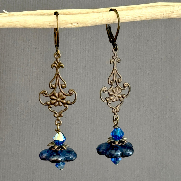 Czech Purple/Blue Glass Flat Bell Flower Earrings in Antique Brass