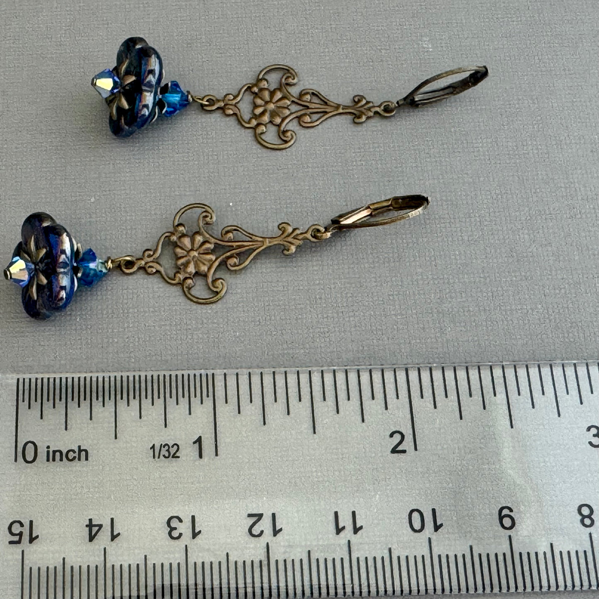 Czech Purple/Blue Glass Flat Bell Flower Earrings in Antique Brass